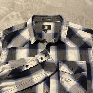 Rock & Republic Shirt Mens Sz XL Blue Plaid Roll Tab Western Cowboy Rodeo Grunge